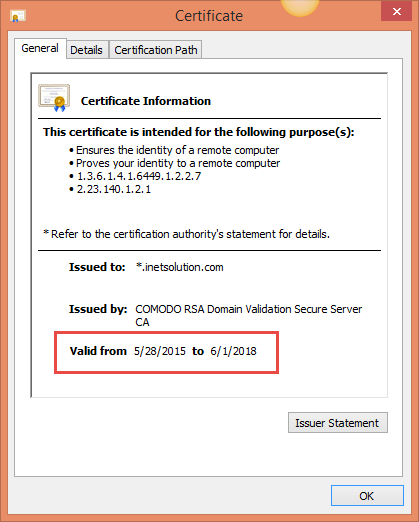 Screenshot of SSL Certificate information